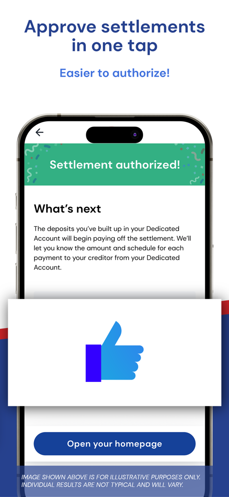 Freedom Debt Relief - Freedom Debt Relief mobile app screen showing a successful settlement authorization notification and a thumbs up icon