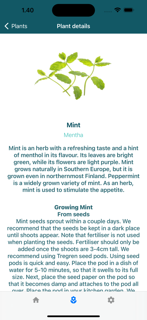 Tregren SmartGardener app displaying plant details and growing instructions for mint
