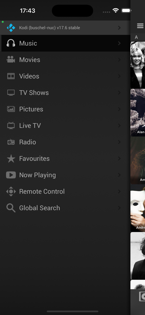 Side navigation drawer of the Official Kodi Remote app showing media categories like Music Movies and TV Shows