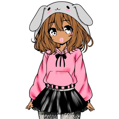 pretty anime girl wearing a fluffy hoodie with bunny ears on the hood and a skirt
