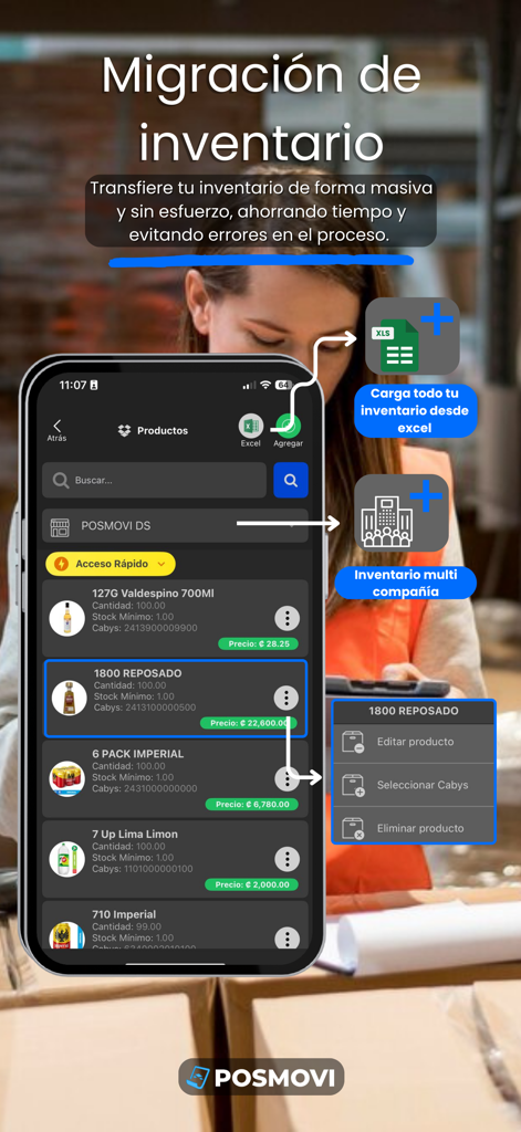POSMOVI - POSMOVI mobile app screen showing inventory migration and bulk product upload via Excel