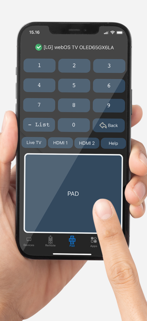 Smart TV Remote Universal - Interfaz de la aplicación Smart TV Remote Universal con teclado numérico y touchpad para TV LG webOS.