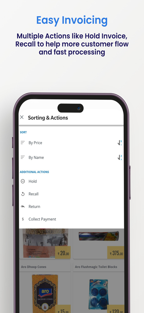 Pantalla de la aplicación móvil Just Billing POS que muestra acciones de clasificación y adicionales para una facturación sencilla.