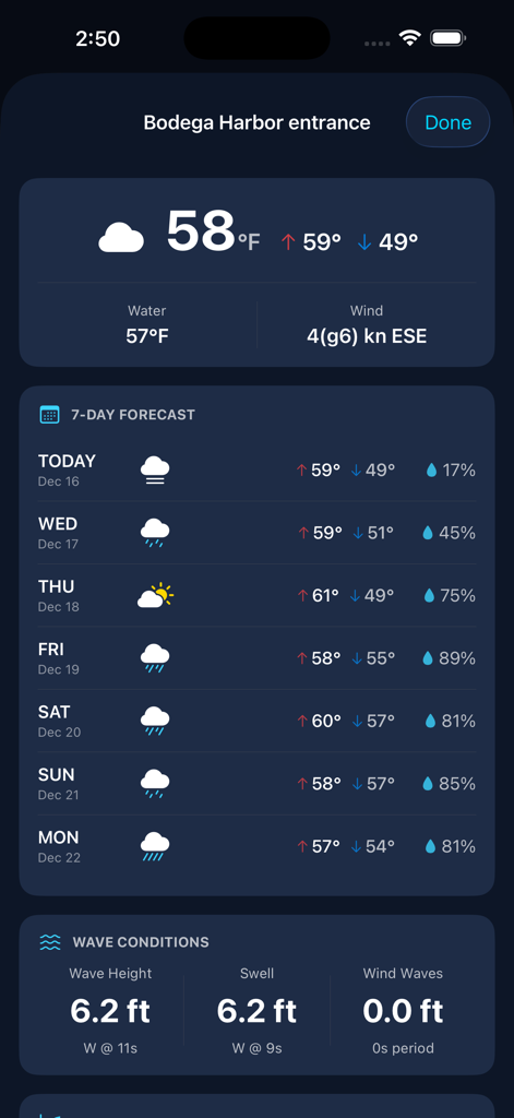 NOAA Tides - Pronóstico de condiciones meteorológicas marinas y de olas en la aplicación NOAA Tides.