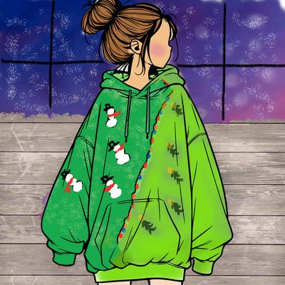 realistic girl with a oversized sweatshirt on and a bun