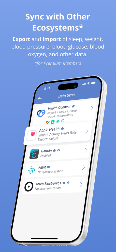 Health Diary by MedM - Health Diary by MedM app screen showing data synchronization with Apple Health Fitbit and Garmin