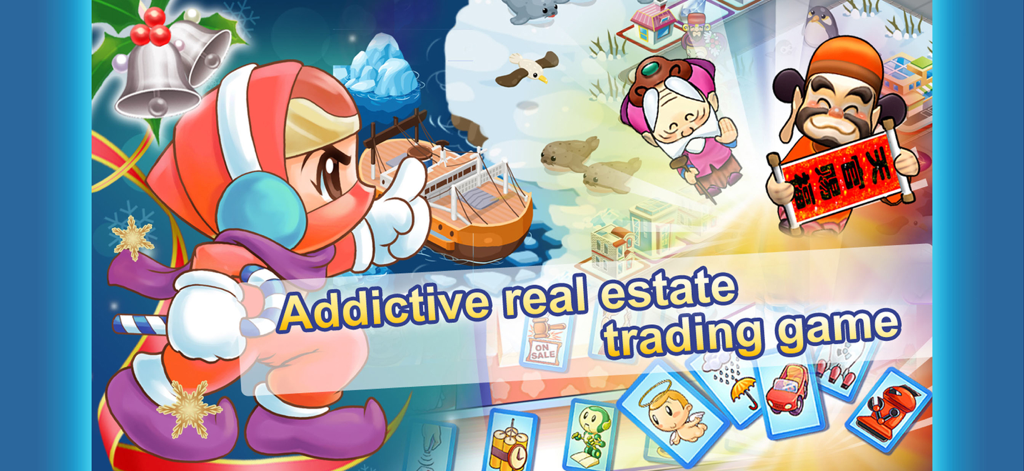 Richman 4 Fun characters and strategy cards in a winter themed board game setting.