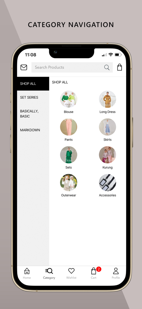 She Dazzle mobile app category navigation screen showing modest fashion categories like blouses, dresses, and kurungs