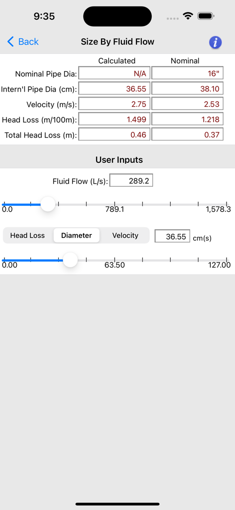 HVAC Pipe Sizer - Liquid - Screenshot of the HVAC Pipe Sizer Liquid app showing calculated versus nominal pipe sizing values with adjustable sliders for fluid flow and diameter