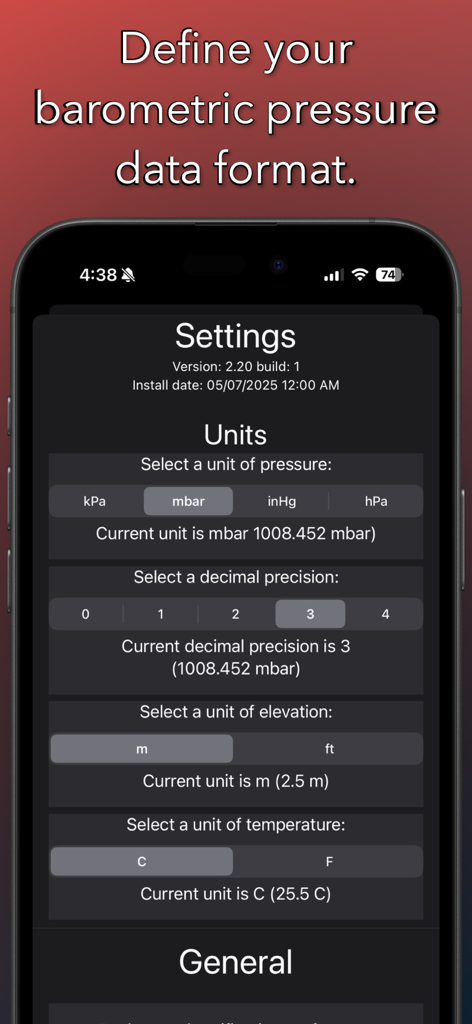 Barograph: Barometer Graph - Barograph-App-Einstellungsbildschirm zur Auswahl von Einheiten für Druck, Höhe und Temperatur mit Dezimalgenauigkeit