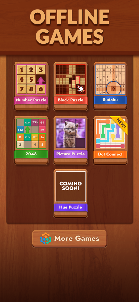 Offline Games: No Wifi Games - A selection menu of classic offline puzzle games with a wooden aesthetic