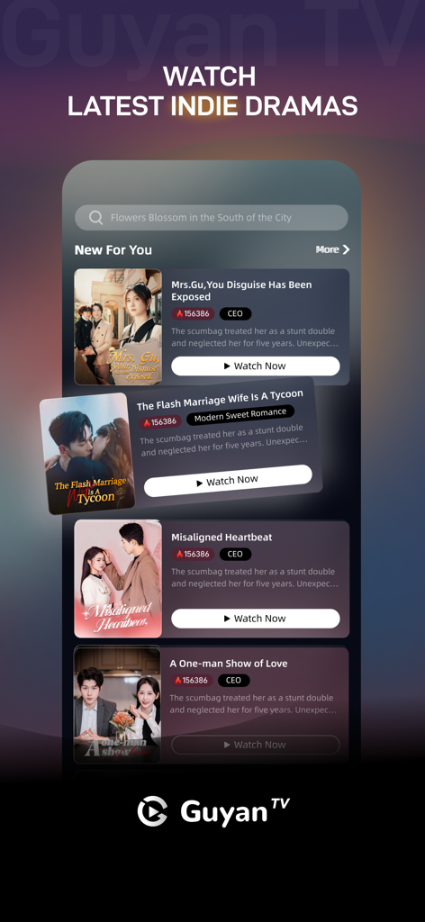GuyanTV - Movies & Dramas - GuyanTV mobile app screen showing a selection of short romance and CEO dramas