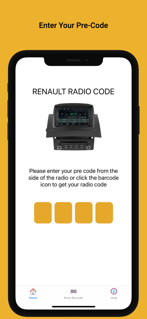 Renault Radio Code App-Oberfläche zur Eingabe eines Radio-Voreingabecodes