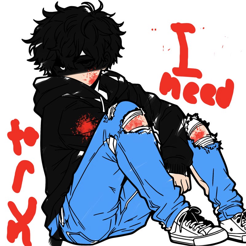a male hoddie ripped jeans messy hair anime