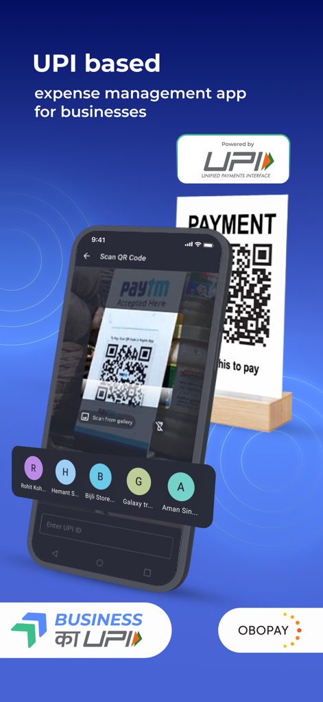 Cash Book - Balance & Expense - A smartphone screen showing the UPI based expense management feature of the Cash Book app with a QR code scanner for business transactions.