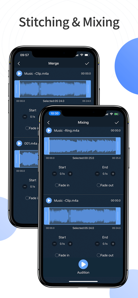 Music Clip - Ringtone Maker - Dos pantallas de iPhone que muestran las funciones de unión y mezcla de audio de la aplicación creadora de tonos de llamada Music Clip.