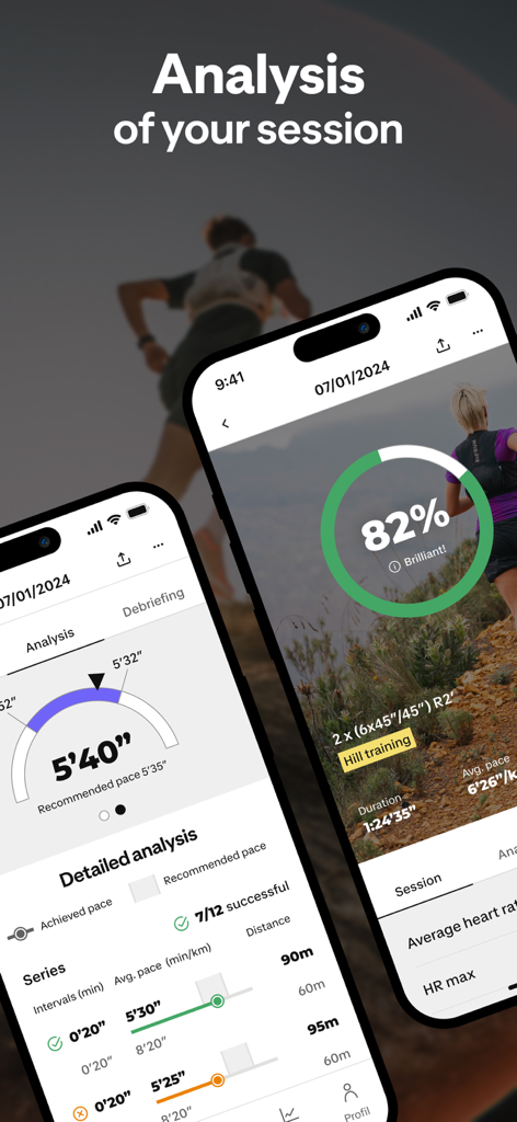 Kiprun Pacer Running - Kiprun Pacer app screen showing post run performance analysis and detailed pace metrics