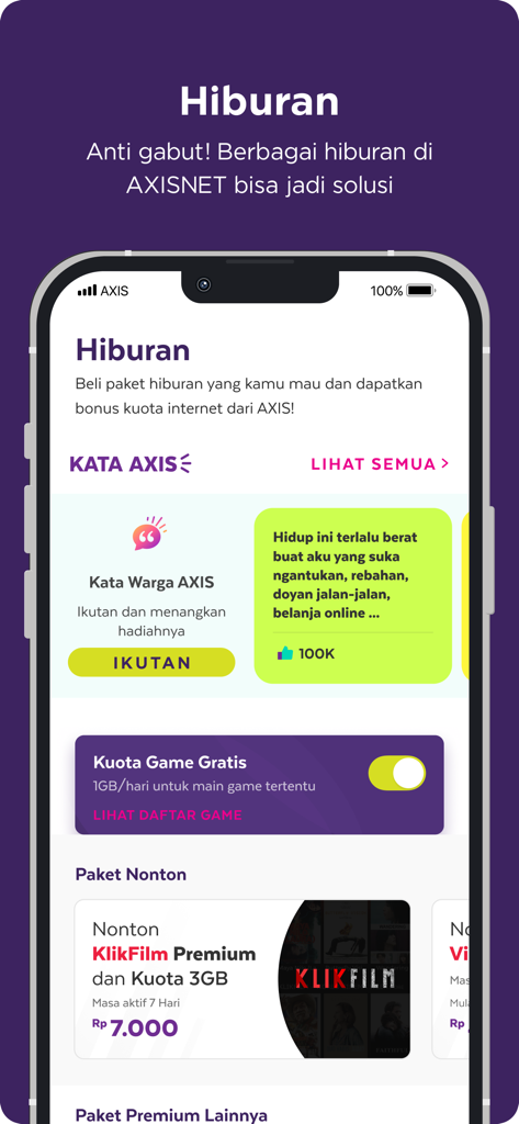 AXISNet - AXISNet 앱 인터페이스. 엔터테인먼트 요금제 및 무료 게임 데이터 옵션을 표시합니다.