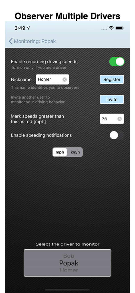 SafeDrive-App-Oberfläche für Eltern zur Überwachung mehrerer jugendlicher Fahrer mit Einstellungen für Geschwindigkeitswarnungen und Benachrichtigungen.
