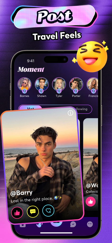 Interfaz de la aplicación Terol que muestra una fuente social temática de viajes con publicaciones e historias de usuarios.