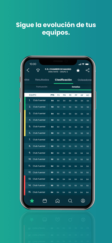 Una pantalla de smartphone que muestra las clasificaciones de ligas de fútbol y los rankings de equipos en la aplicación Matchapp