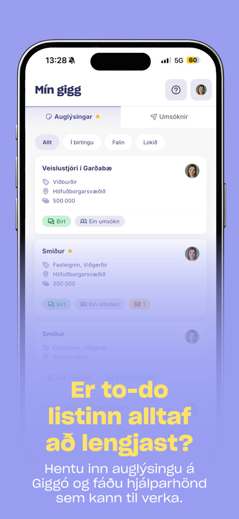 Giggó - iPhone interface of the Giggo app showing a list of published service requests for party hosting and carpentry.