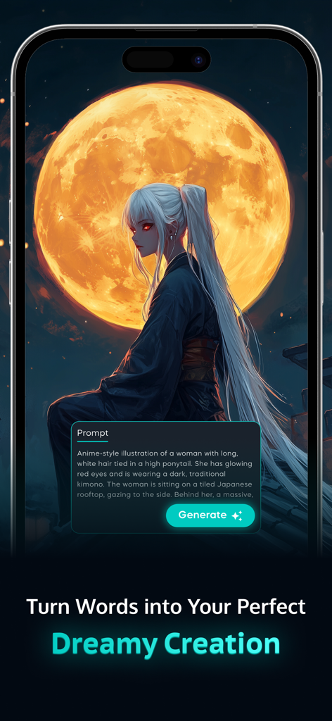 AI Image Generator - AI Tools - Interfaz de la aplicación generadora de imágenes IA con una indicación de texto y una ilustración de anime generada de una mujer frente a una luna gigante.