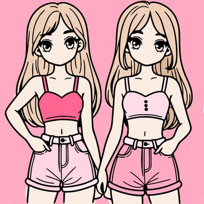 two sisters with crop tops and jean shorts and straight hair