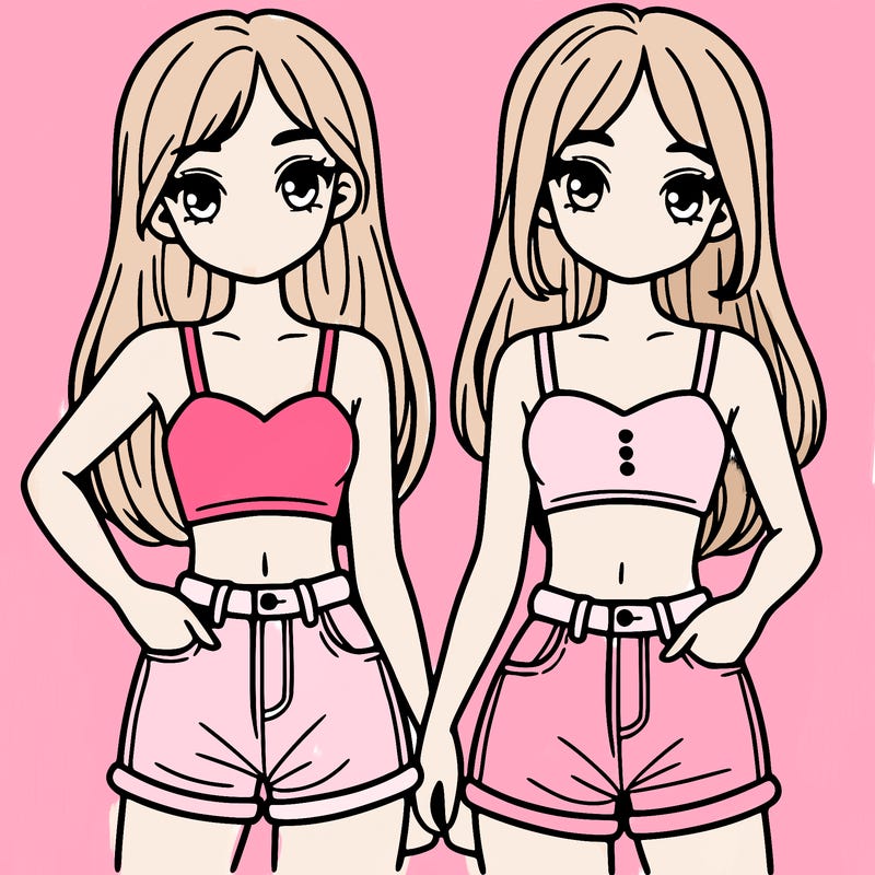 two sisters with crop tops and jean shorts and straight hair