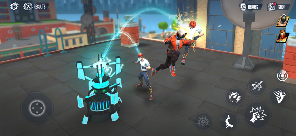 Super Fighter 3: Open City - Supereroe che esegue un attacco aereo durante un combattimento sul tetto di una città in Super Fighter 3 Open City