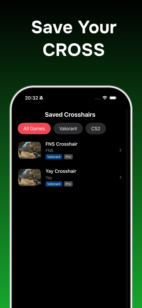 Pantalla móvil que muestra una lista de retículas profesionales guardadas para los juegos Valorant y CS2