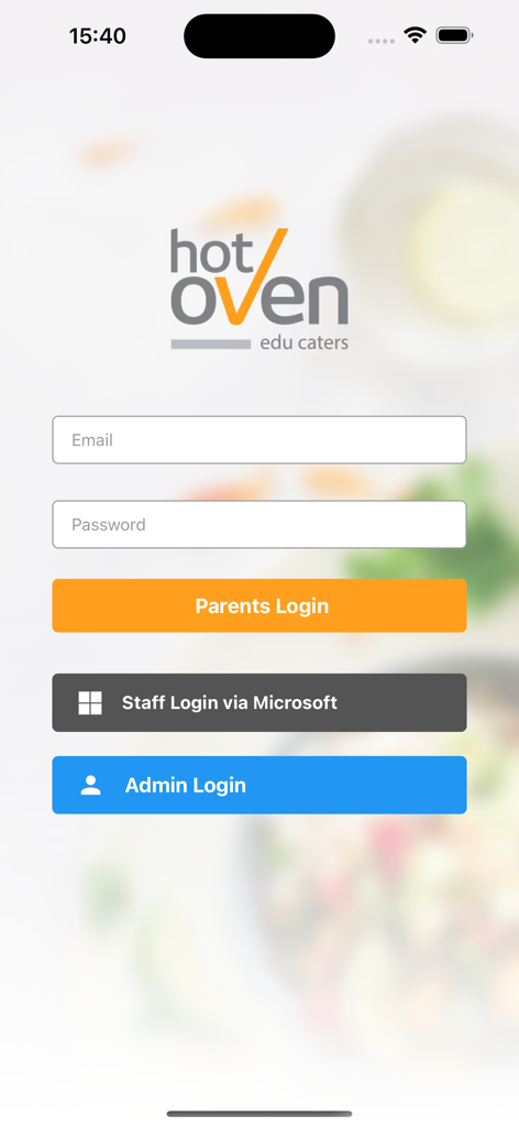 Hot Oven Cafe - Login-Bildschirm für die Hot Oven Cafe App mit Optionen für Eltern, Personal und Admin-Login