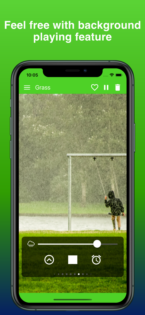 Mood: Rain Sounds & Thunder - Interfaz de la aplicación Mood mostrando una escena de parque lluvioso con controles para la reproducción de audio en segundo plano