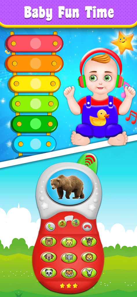 Pregnant Mom BabySitter Game - A baby character with headphones next to a colorful xylophone and a toy phone with animal buttons.