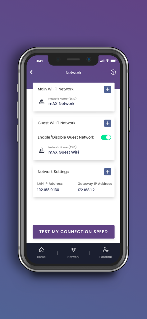 SURFboard Central - Interfaz de la aplicación móvil SURFboard Central mostrando la configuración de la red Wi-Fi y el interruptor de red de invitados.