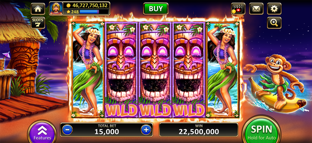 Tropical tiki themed slot machine gameplay in Vegas Slots Cherry Master app featuring a hula dancer and animated tiki masks.