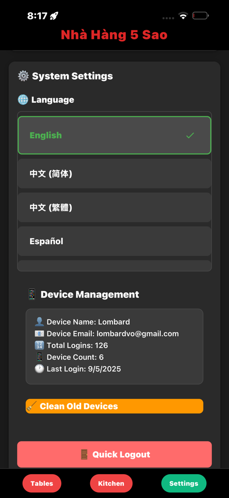 Écran des paramètres de l'application de gestion de restaurant montrant la sélection de la langue et la gestion des appareils.