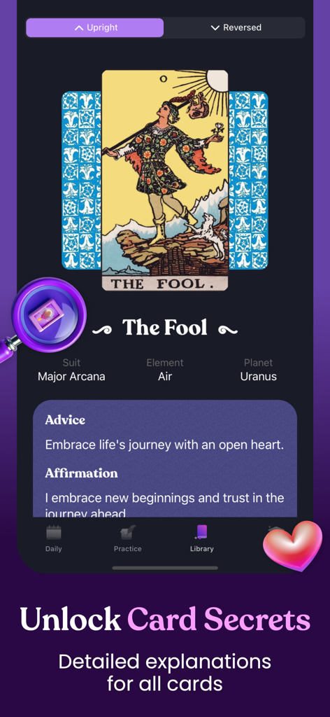 A mobile app interface showing the meaning of The Fool tarot card with advice and affirmation