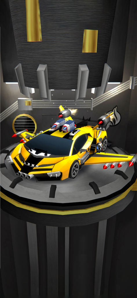 Chaos Road: 3D Car Racing Game - A yellow sports car customized with missiles and jet engines on a display platform