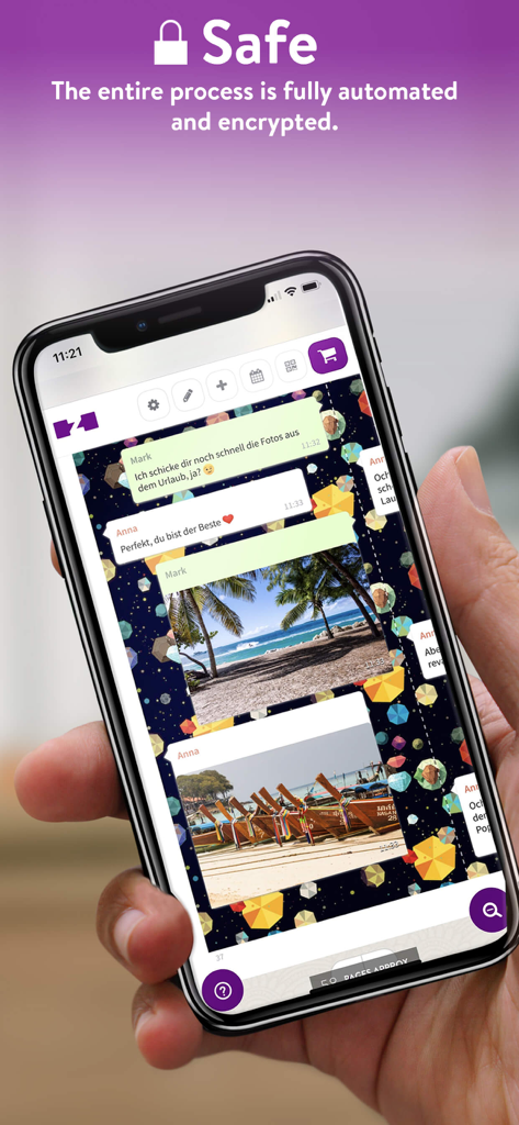 zapptalesアプリが暗号化されたチャットメッセージと写真をカスタムブックに変換しているスマートフォンの画面