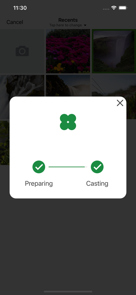 Screen Mirroring - Cast to TVs - Screen Mirroring app showing a status popup with preparing and casting steps completed over a photo gallery