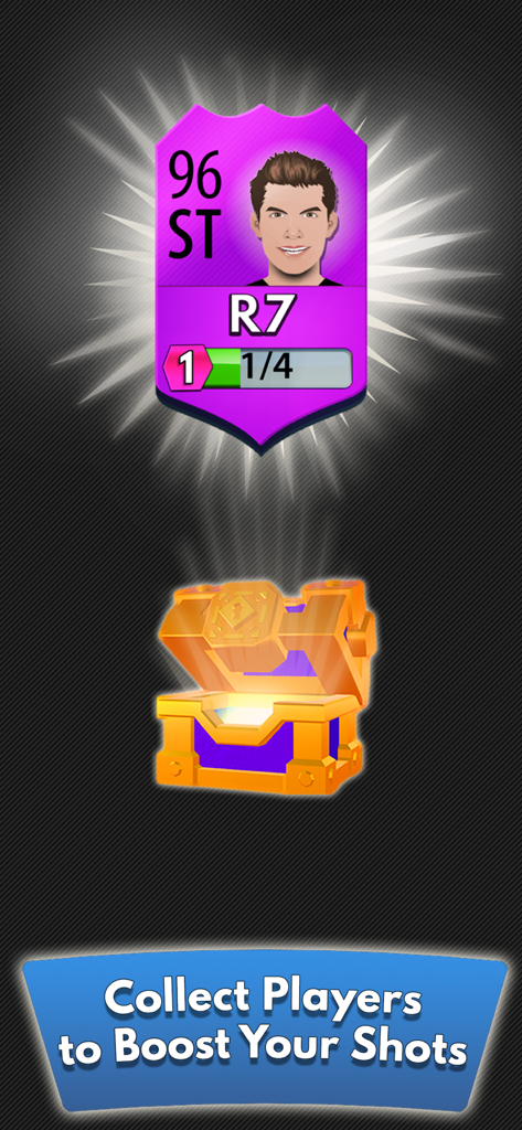 Soccer Clash· - Una tarjeta de jugador morada premium con una calificación de 96 sobre un cofre de botín dorado brillante en Soccer Clash.