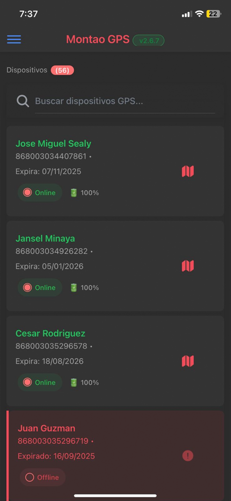 Montao GPS - Montao GPS app dashboard showing a list of tracked devices and their real time status