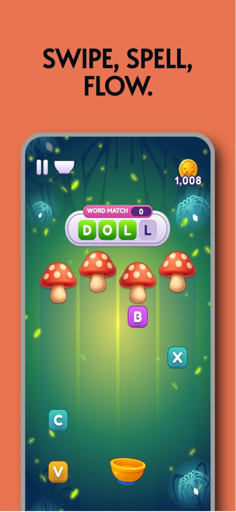 Juego de Worde Flow mostrando un puzle de combinación de palabras con letras que caen en un acogedor fondo de bosque