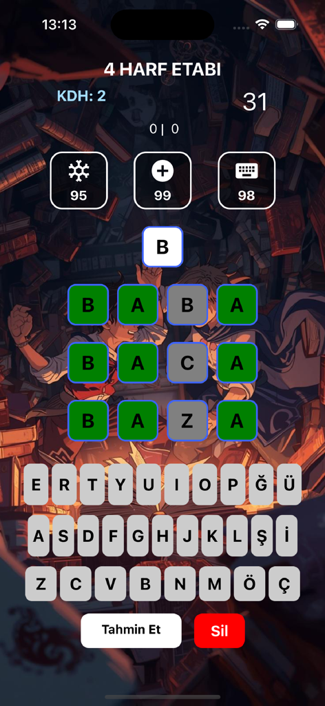 By Word - Gameplay screenshot of the By Word app showing a four letter word puzzle with joker icons and a Turkish keyboard