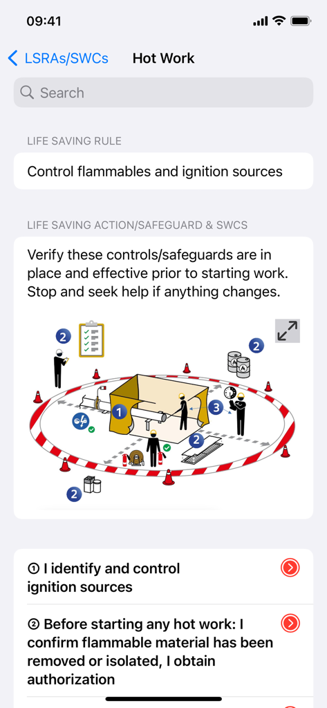 ExxonMobil PSMS - Safety checklist and illustration for hot work procedures in the ExxonMobil PSMS app
