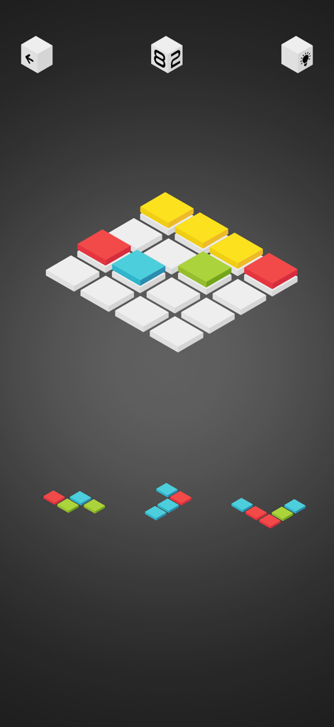 Black Block Blast - Isometric 3D block puzzle gameplay with colorful tiles on a dark minimalist background.