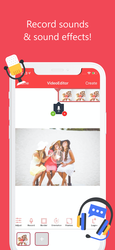 iPhone-Oberfläche des Slow Motion Video Editors mit der Audioaufnahme-Funktion und dem Soundeffekt-Tool