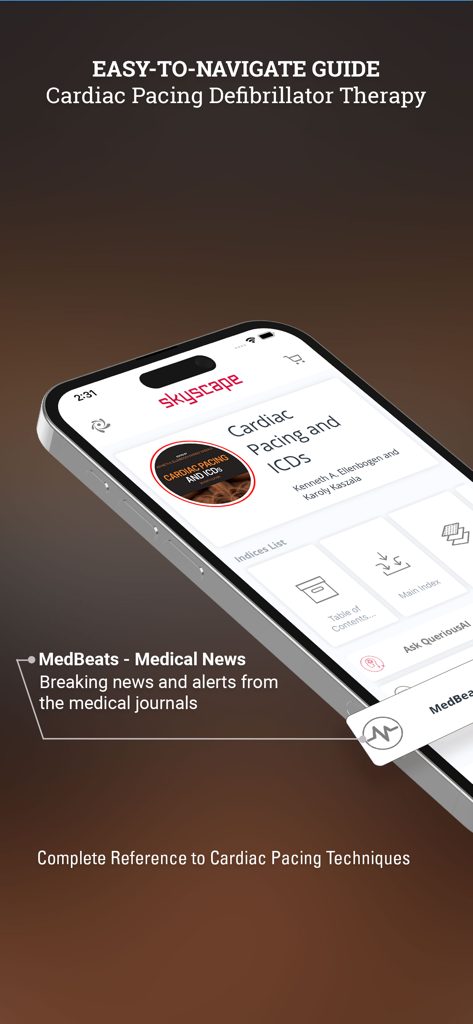 Cardiac Pacing and ICDs - iPhone exibindo a interface do aplicativo Estimulação Cardíaca e CDsI com guias de navegação e alertas de notícias médicas