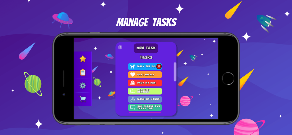 Star Chart - Parenting App - La interfaz de gestión de tareas de la aplicación Star Chart que muestra una lista de botones de tareas coloridos en un fondo temático del espacio